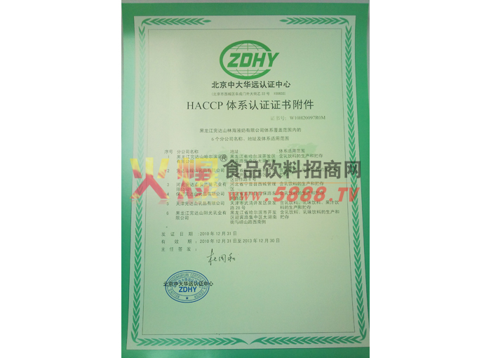 HACCP體系認(rèn)證證書附件