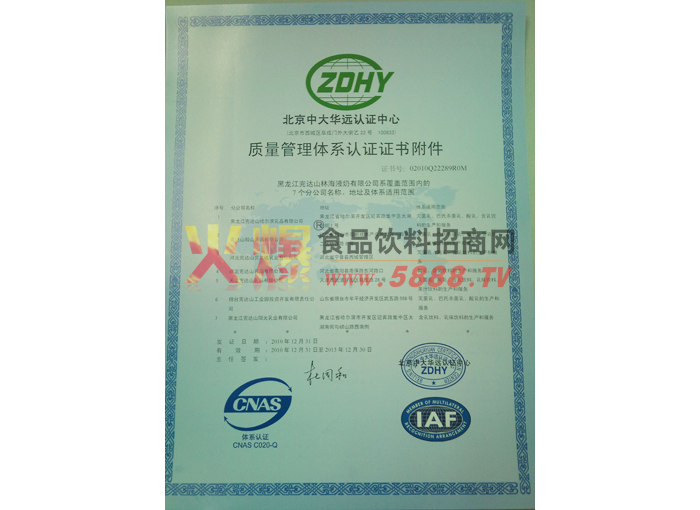 ZDHY質(zhì)量管理體系認(rèn)證證書附件